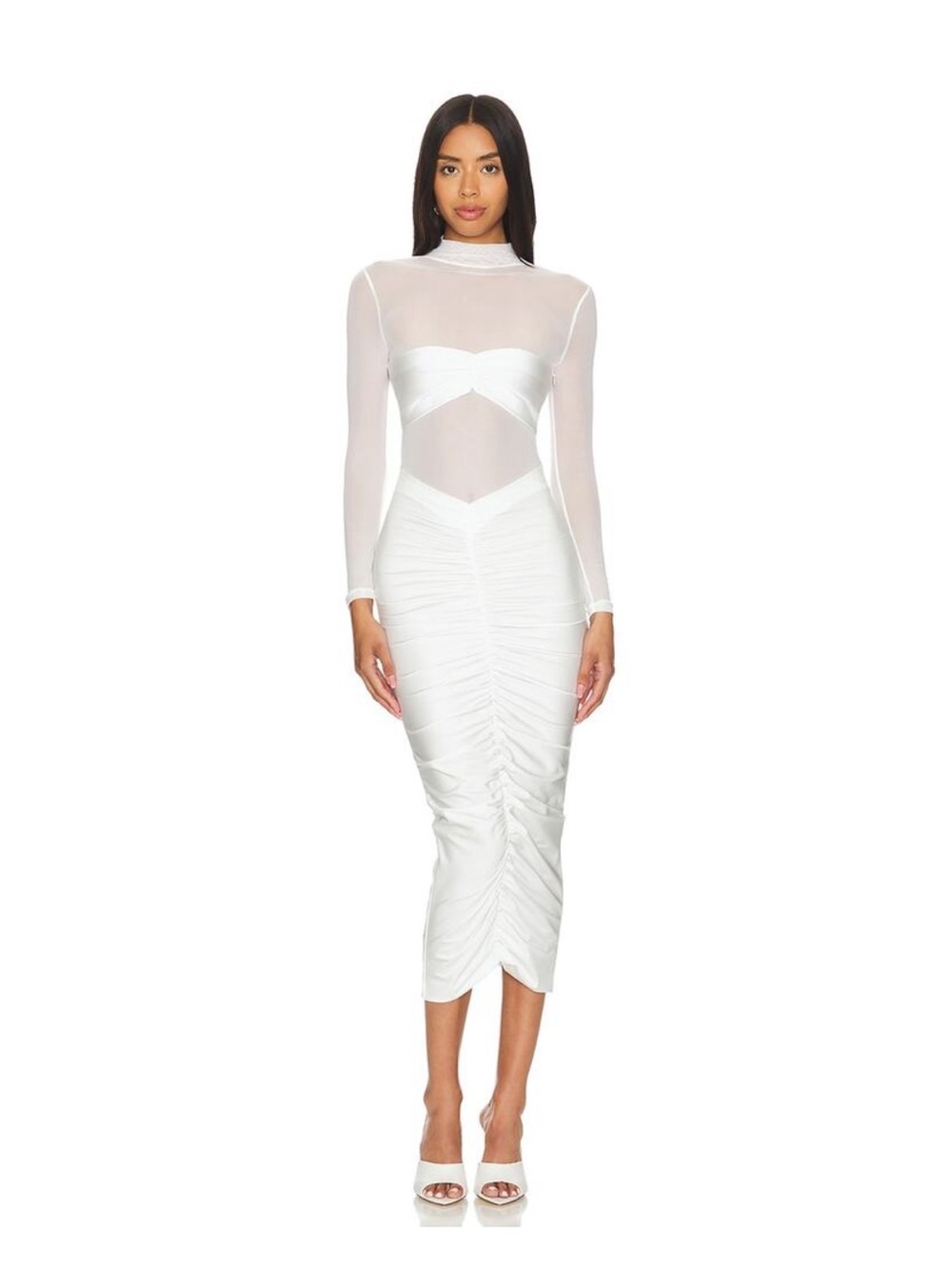 Seroya white dress -ruched and mesh detail
